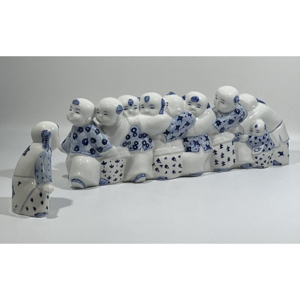 1998 Liu Qingyun Eagle and Chicks Game Blue and White China Sculpture